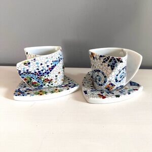 ANTONI GAUDI - 2 Espresso Cups & Saucers. Mosaic Style. Designer. Gift. Unique